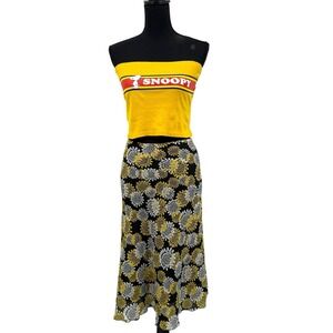 DFA New York Women's Midi Skirt Black Yellow White Floral A-Line Boho Small